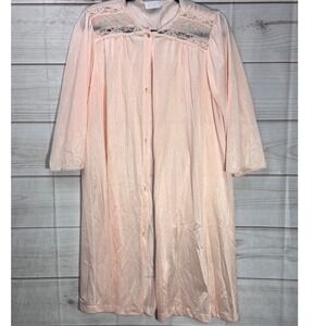 Vassarette Vintage Peach Robe Floral Lace Trim Button Front USA Made Womens M